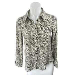 MNG Mango White Black Zebra Animal Print Long Sleeve Button Down Shirt Top Sz 4